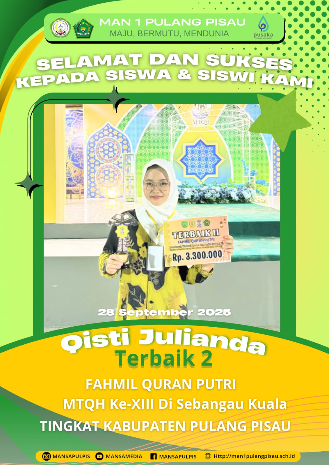 SISWI MAN 1 PULANG PISAU PLUS KETERAMPILAN MERAIH JUARA 2 DALAM MTQH KE-XIII TINGKAT KABUPATEN PULANG PISAU TAHUN 2025
